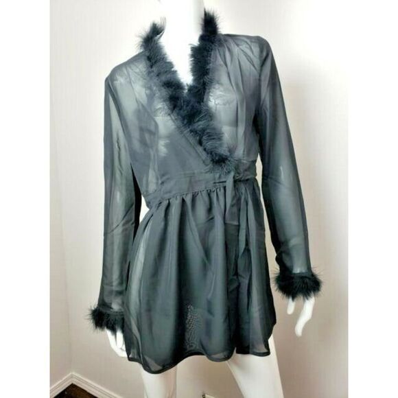 24HRS DOLLS KILL ROBE W FAUX MARABOU TRIM BLACK NEW WITH TAGS SIZE SMALL - Picture 1 of 10